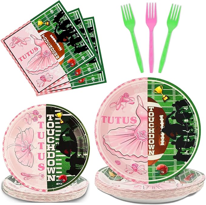 96 Pcs Ballet or Football Gender Reveal Plates and Napkins Party Supplies Tutus or Touchdowns Gender Reveal Tableware Football Party Decorations Favors for Boy or Girl Birthday Baby Shower Serves 24