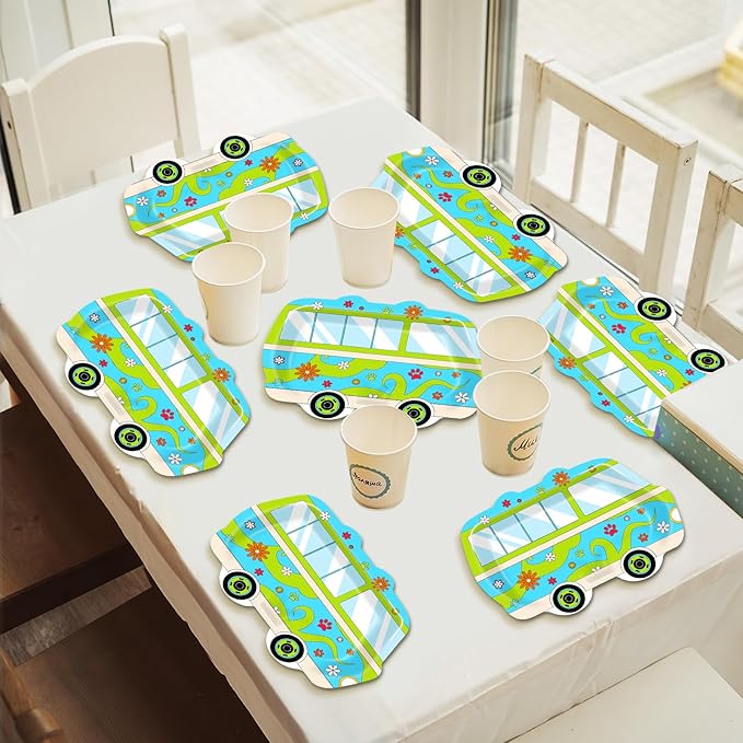 50PCS Mysterious Car Dog Birthday Party Decorations Mystery Car Theme Paper Plates for Kids Hippie Bus Disposable Dinner Dessert Plates Daisy Cartoon Dog Paw Dinnerware Baby Shower Party Supplies