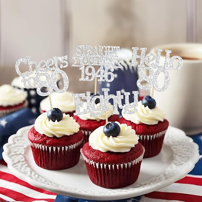 Ephlyn 24Pcs Happy 80th Birthday Cupcake Toppers Glitter Straight Outta 1946 Cupcake Picks Hello 80 Cheers to 80 Years Birthday Cake Decorations for 80th Birthday Anniversary Party Supplies Silver