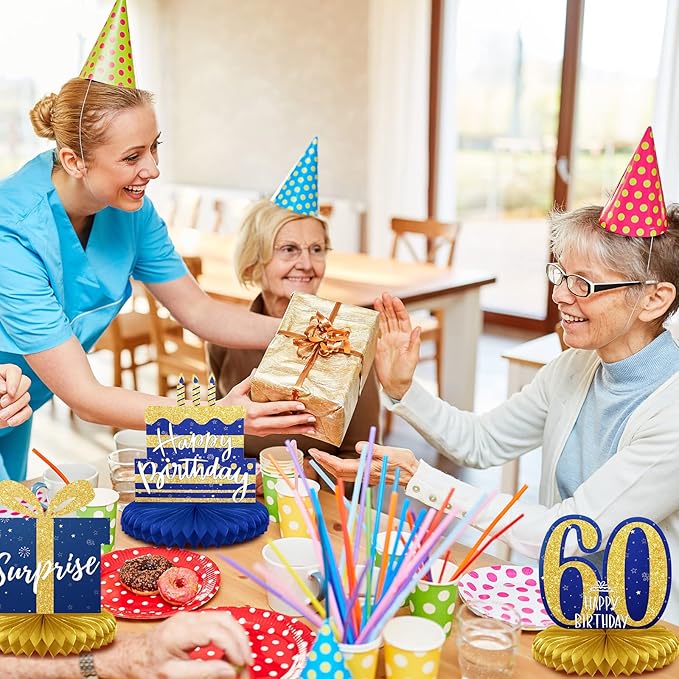 Spakon 8 Pieces Table Decorations Glitter Honeycomb Centerpieces Table Toppers Party Decorations for Men and Women Party Supplies(60th Birthday,Blue Gold)