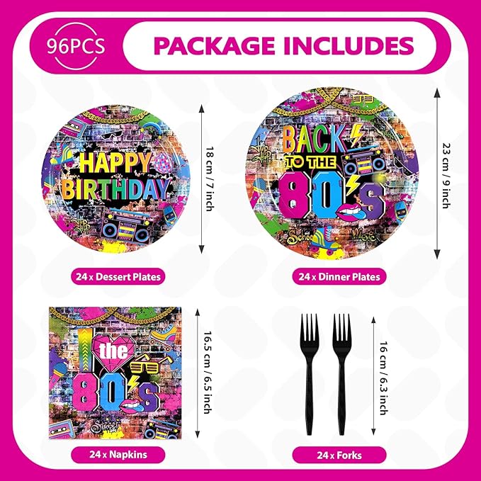 Grencian 96Pcs 80's Party Decorations Back to The 80s Plates and Napkins Disposable Hip Hop Graffiti Wall 80's Birthday Paper Tablewarefor 80s Retro Music Birthday Party Supplies, Serves 24