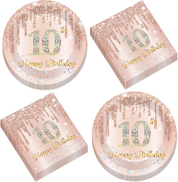 50Pcs Rose Gold 10th Birthday Party Paper Plates and Napkins Girls 7 Inch Rose Gold 10 years Old Table Decorations Happy Ten Years Old Tableware Set Serves 25 Guest Pink 10th Birthday Party Supplies