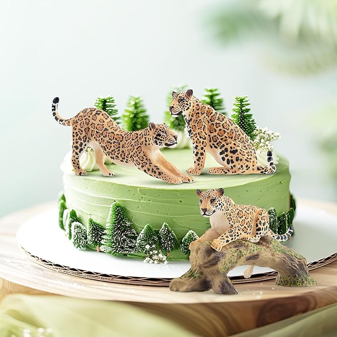 Toymany 7PCS Leopards Figurines with Leopards Cub and Tree Trunk, Realistic Jungle Animals Figures Family Playset, Educational Toy Cake Toppers