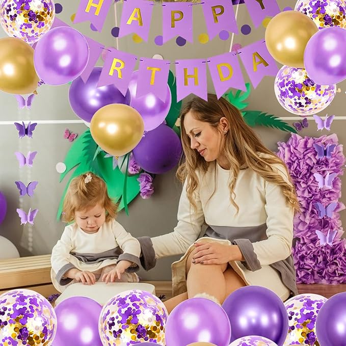 Ouddy Party Purple Birthday Decorations for Women Girls Butterfly Hanging Garland Happy Birthday and Circle Dots Banner Purple Gold Balloons Paper Flowers Cake Toppers for Party Decor Supplies