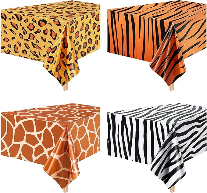 Animal Safari Tablecloth Jungle Animal Theme Tablecover Tiger Zebra Giraffe Print Table Cover Tropical Leaf Tablecloth Party Supplies for Jungle Safari Birthday Baby Showers (Leopard Style, 4 Pcs)