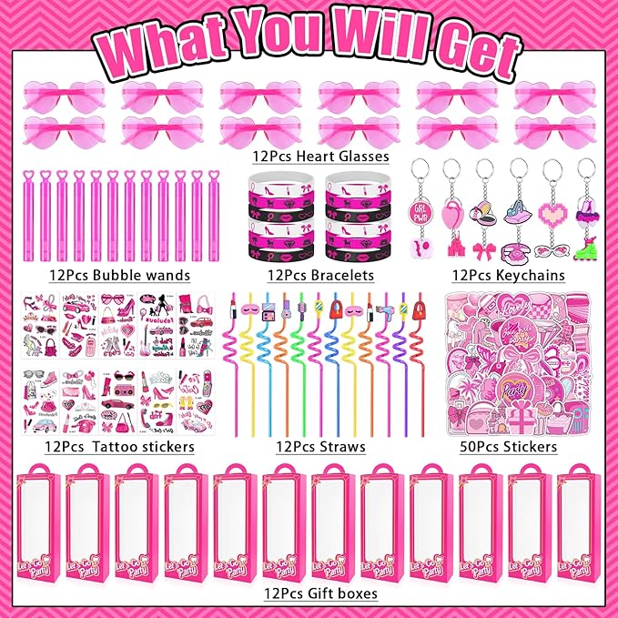 132Pcs Pink Girls Party Favors Pack - For 12Guests, Includ Goodie Box Heart Glasses Straws Bubble Wands Tattoo Sticker Bracelet Keychain, for Kids Girls Birthday Party Decoration Supplies