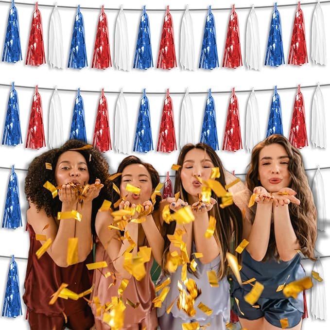 4P Metallic Fringe Tassel Banner Garland Foil Tinsel Streamer Wall Curtain Backdrop for Parade Floats, Graduation, Independence Day, 4th of July, Patriotic Themed Party Decoration(White Blue Red)