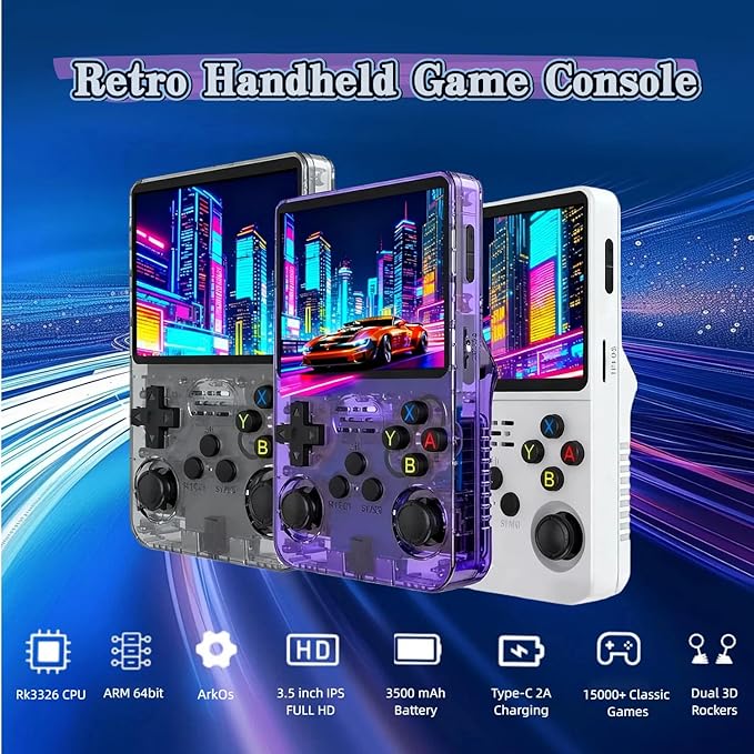 R36S Retro Handheld Game Console,3.5" IPS Screen Retro Gaming Console,Built-in 64G TF Card ,3500mAh Battery,Portable Gaming Player for Life-White