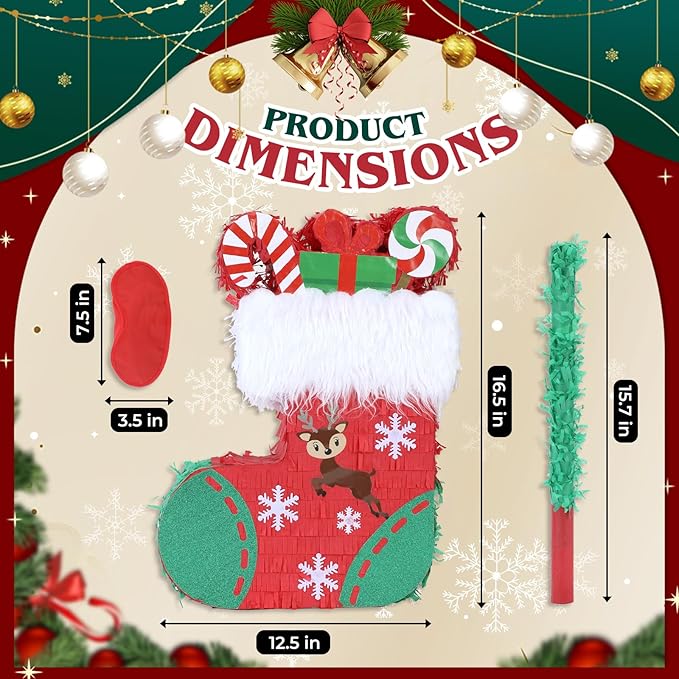 Christmas Socks Pinatas Bundle with a Blindfold and Bat (16.5x12.5x4 Inches), Holiday Theme Piñata, Christmas Party Supplies, Xmas Piñata, Party Decoration