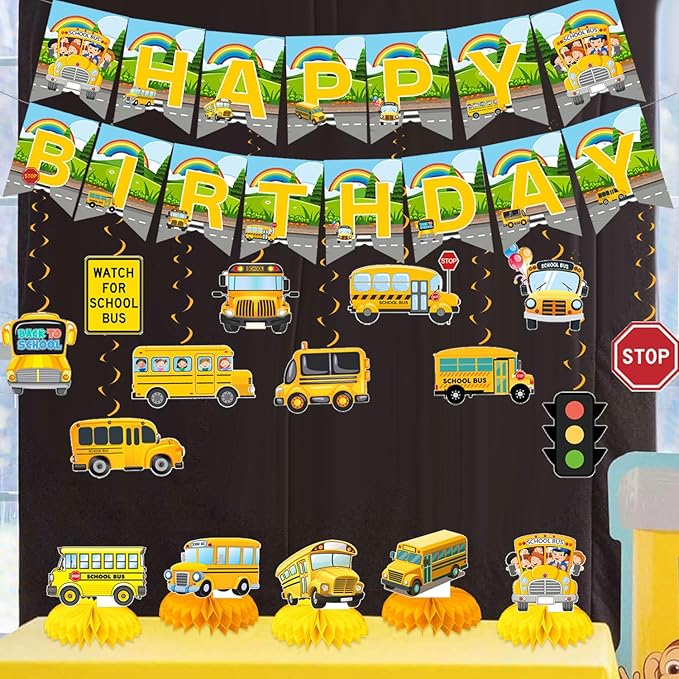 Wheels On The Bus Party Decorations Yellow School Bus Birthday Party Decor Supplies Includes Happy Birthday Banner Hanging Swirls Cute Back to School Honeycomb Centerpiece