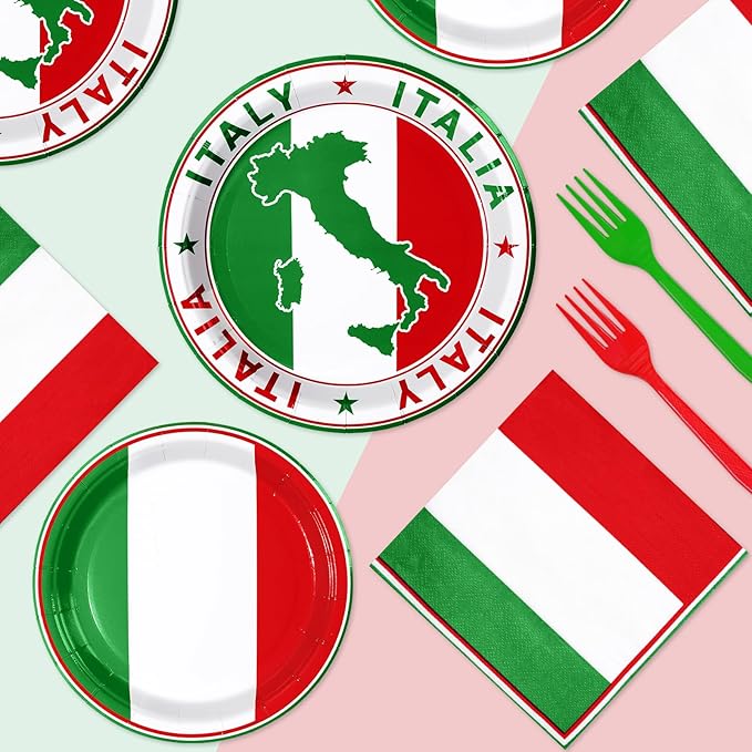 96Pcs Italian Flag Birthday Party Supplies Italy Flag Plates and Napkins Red White and Green Italian Tableware Sets for Pizza Baby Shower Picnic Holiday Family Reunion Party Decorations Serves 24
