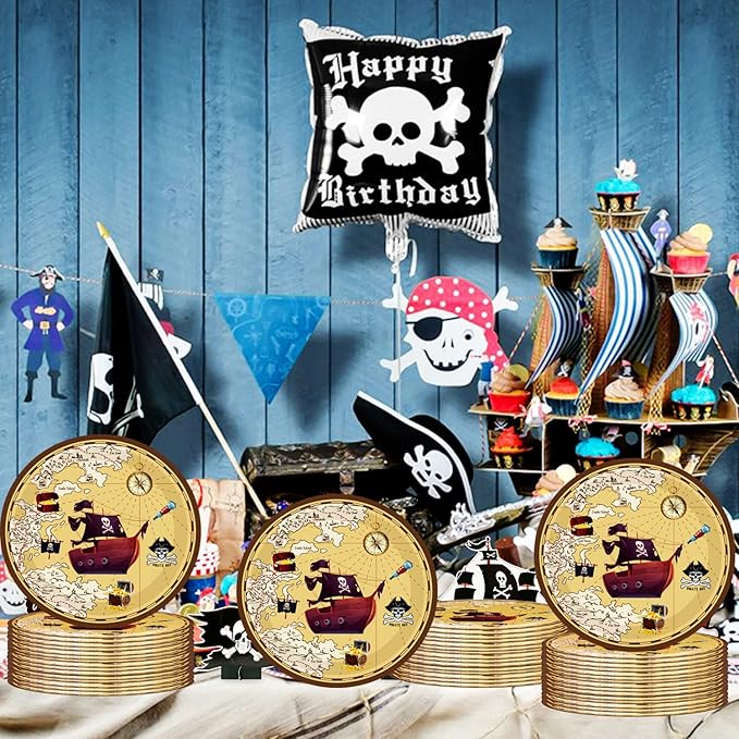 50Pcs Pirate Party Supplies - 7" Nautical Paper Plates, Skull Treasure Map Design, for Pirate Treasure Theme Birthday Party Decoration