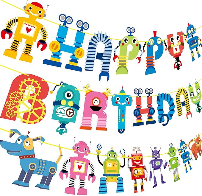 Robot Happy Birthday Banner and Party Decoration - Cartoon Hanging Decoration for Boys' Birthday - Robot Theme Party Supplies