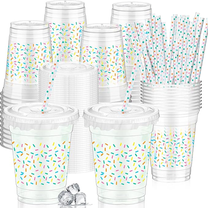 Domensi 50 Pcs Sprinkle Baby Shower Plastic Cup 12 oz Rainbow Confetti Sprinkle Thick Clear Cup Baby Shower Birthday Table Decorations Candy Color Party Supplies It's a Boy Girl