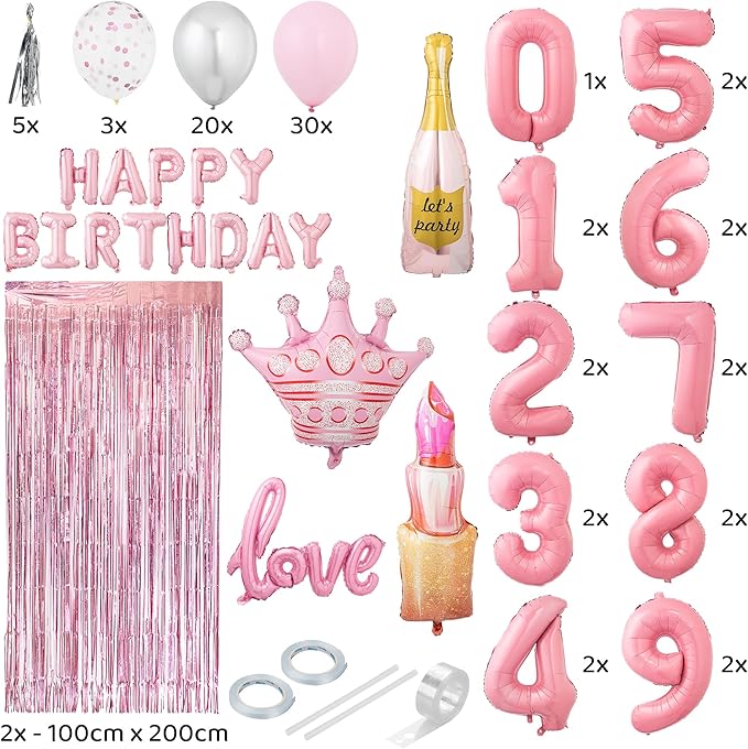 Pink Happy Birthday Balloon Set for Girls - 89 Pc Party Decorations for Women with 0-19 Number Balloons, Crown, Lipstick and Champagne Bottle Shapes, Confetti, Backdrop, Arch Kit, Assembly Supplies