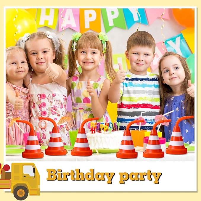 Sawysine 8 Pack Construction Cone Cups with Straws Bulk, Traffic Cones Party Favor 10 oz Plastic Reusable Kids Race Cups Set for Construction Traffic Theme Racing Car Birthday Party Supplies