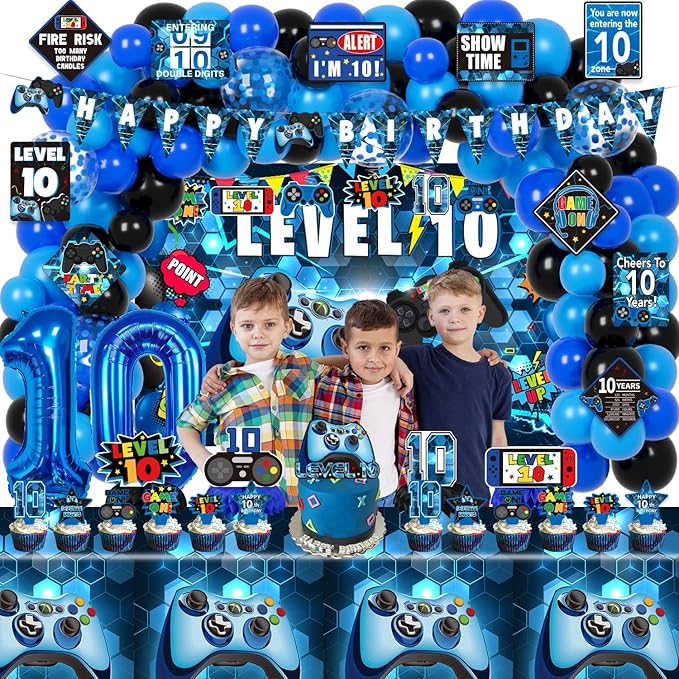 10th Birthday Decorations for Boys, 149Pcs Blue Video Game level 10 Party Supplies for Boy 10th Birthday - Backdrop, Banner, Balloons, Tablecloth, Centerpieces, Hanging Swirls, Wall Signs