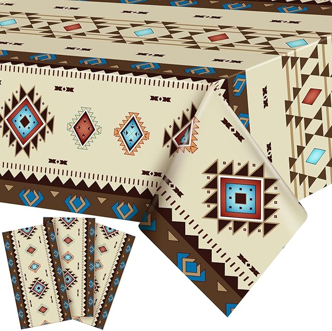Frienda 3 Pcs Aztec Tablecloths Western Plastic Table Covers Waterproof Tribal Party Decorations Wild West Wooden House Table Cover for Western Barn Birthday Party