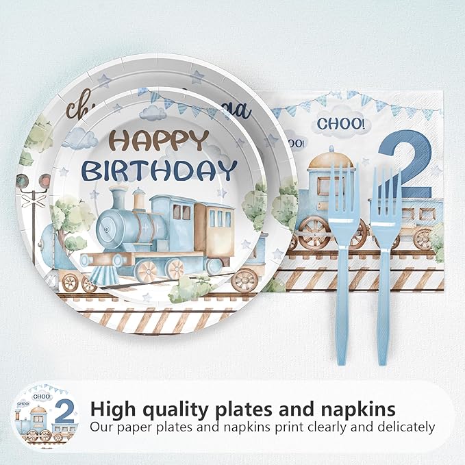 Grencian 96Pcs Chugga Chugga Two Two Birthday Party Decorations Watercolor Train 2nd Paper Plates Retro Blue Disposable Choo Choo I'm 2 Tableware Set for 2 Year Old Birthday Party Supplies, Serves 24