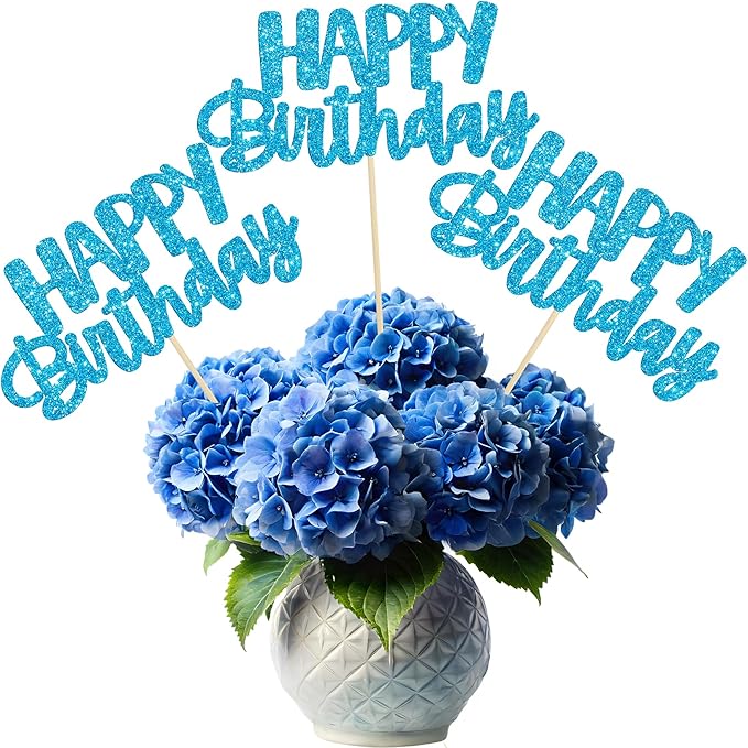 Gyufise 12Pcs Happy Birthday Centerpieces Sticks Double Sided Glitter Birthday Party Decorations Anniversary Table Flower Centerpiece for Celebrating Party Supplies Blue