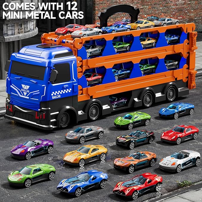 kids Catapult Railcar Toys : Toy Truck for 3 4 5 6 Years Old Kids Boys | 78-Inch Race Track Transport Vehicle & 12 Die-Cast Metal Toy Cars | Toddler Truck Car Toys Set Gifts for Age 3-12 Years Old Kid