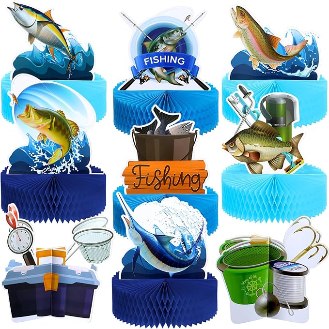 Sureio 9 Pcs Fishing Table Centerpiece Fishing Party Decorations gone Fish Table Decor 3D Paper Signs Honeycomb Fish Birthday Party Supplies for Baby Shower Retirement Theme Father's Day