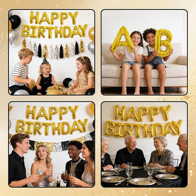 Gold Happy Birthday Balloon Banner, Foil Letter Balloons Party Decoration Sign for Men and Women
