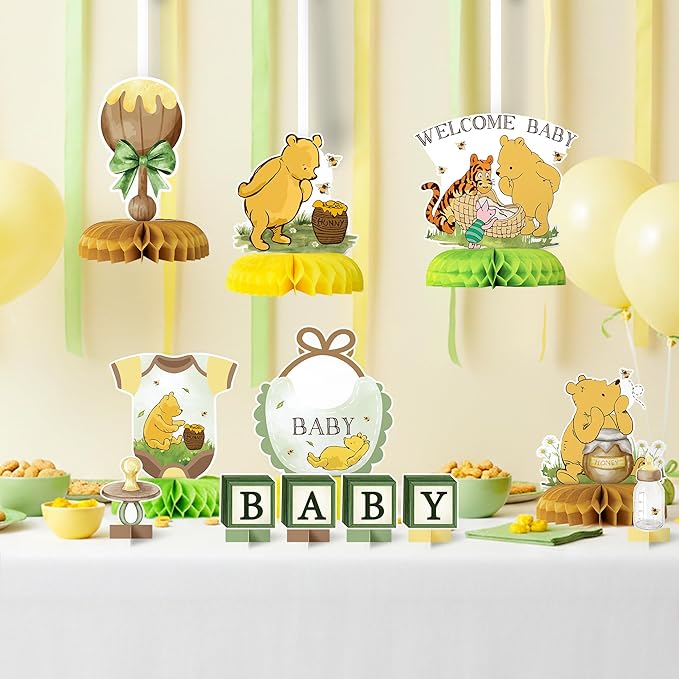 Cute Winnie Honeycomb Centerpieces - 12PCS Cute Winnie Baby Shower Party Honeycomb Centerpieces Welcome Baby Party Table Decorations Bear Theme Babies Shower Table Topper for Boys Girls