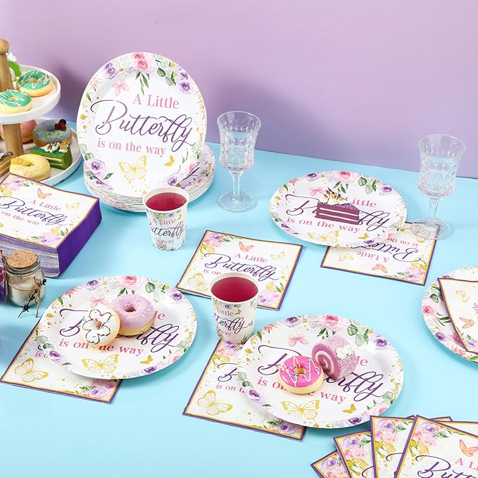 200 Pcs Butterfly Baby Shower Paper Plates Napkins Cups Girl Shower Party Supplies Tableware Set Purple Disposable Cup Napkin for 50 Guest Girls Spring Party Decoration