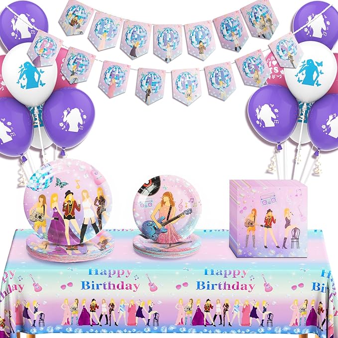 100pcs Birthday Party Decorations Plates,Music star Party Supplies Include 20x 9‘’ Plates, 20x 7‘’ Plates, 40x Napkins,18x balloon,1x Tablecloth, 1x backdrop, 1x Banner Serves 20 Guests