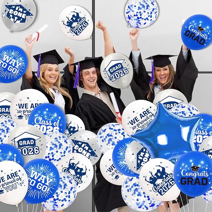 Graduation Balloons Class of 2026: 69Pcs Blue Sliver Balloons for College High School Class of 2026 Graduation Party Decorations -12 Inch