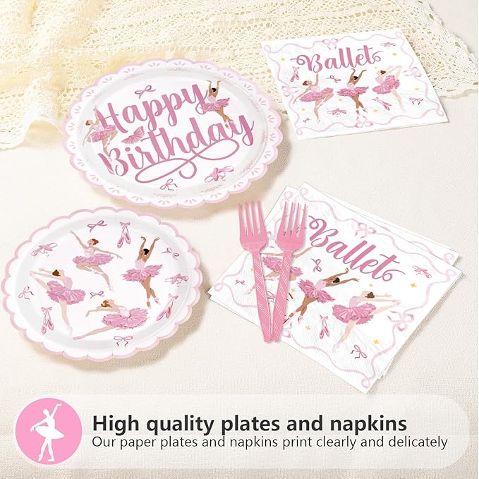 96Pcs Ballerina Birthday Party Supplies Pink Dancing Girl Ballet Plates and Napkins Tableware Sets Ballerina Dancer Themed Decorations for Girls Women Baby Shower Tutu Dance Party Serves 24