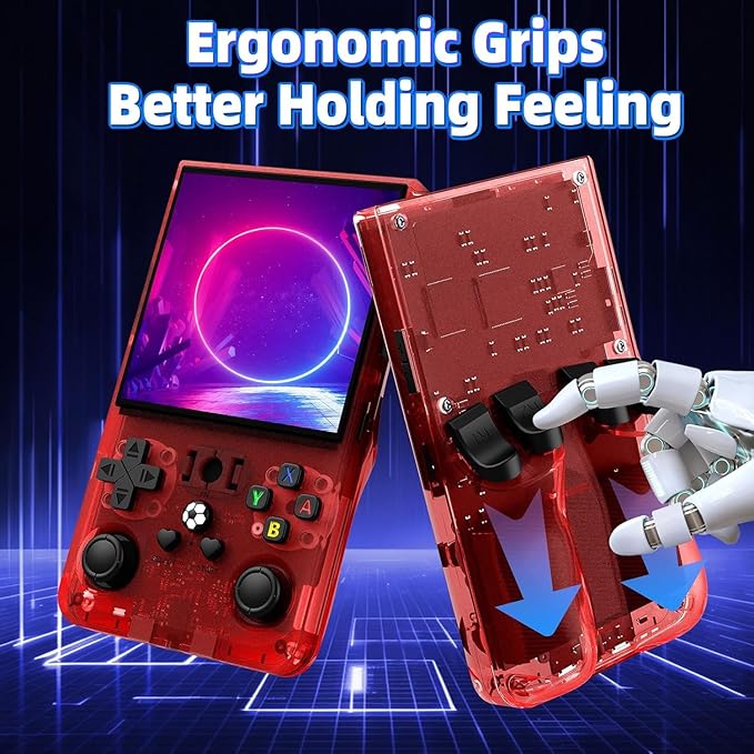 R36MAX Retro Handheld Game Console, 4.0 inch Retro Gaming Console with 64GB Memory, Portable Retro Video Games Console, 4000mAh Battery, Support 30+ Emulators, Transparent Red