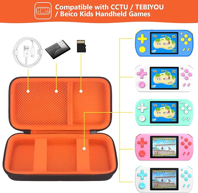 Supmay Carrying Case Compatible with CCTU / TEBIYOU Kids Handheld Games Preloaded 218 Retro Video Games, Portable Gaming Electronic Toys Storage Holder Travel Bag with Mesh Pocket for USB Cable,Orange