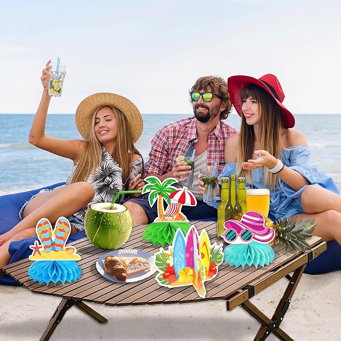 kockuu Beach Party Decorations, 12 Pcs Pool Beach Honeycomb Centerpieces Table Decor Cake Balls Toppers for Summer Hawaiian Aloha Luau Theme Birthday Pool Club Anniversary Party Supplies