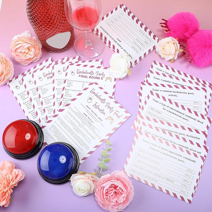 Soulchen Bachelorette Friendly Feud Game Set Bachelorette Party Game Trivia Quiz with Cards and 2 Buzzer for Adults Family Home Games Activities Party Supplies, Battery Not Included