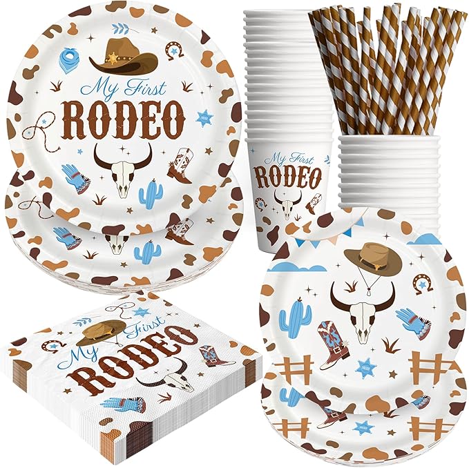 My First Rodeo Birthday Party Decorations, 120Pcs Cowboy 1st Rodeo Themed Party Supplies Disposable and Western Tableware Includes Paper Plates, Napkins, Cups and Straws | Serves 24