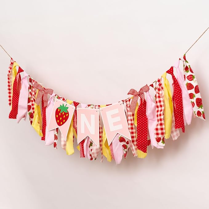 Strawberry First Birthday High Chair Banner - Sweet Berry 1st Birthday Party Decoration Supplies Highchair Banner, Strawberry Sign Anniversary Party Celebration Party Photo Props Banner