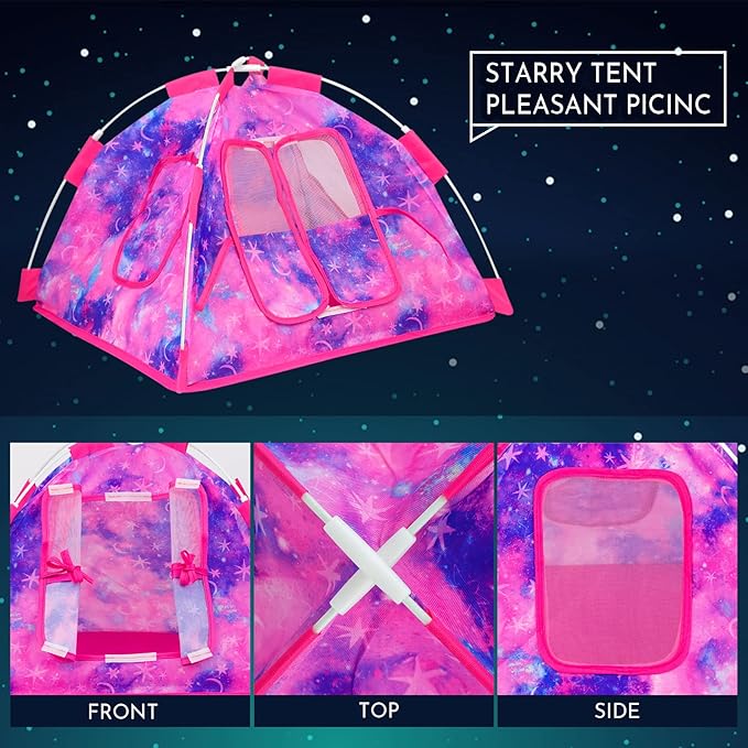 K.T. Fancy 18 PCS Girl Doll Travel Camping Tent Set and Accessories for 11.5 Inch Includes Tent, Clothes, Backpack, Toy Dog, Placemat, Toy Phone, Glasses (Doll NOT Included)