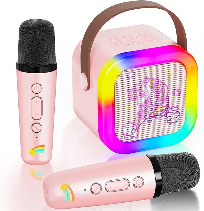 Mini Karaoke Machine for Kids: Unicorn Bluetooth Speaker with 2 Wireless Microphones, Portable Singing Toy & Birthday Gifts for Girls Ages 4-12