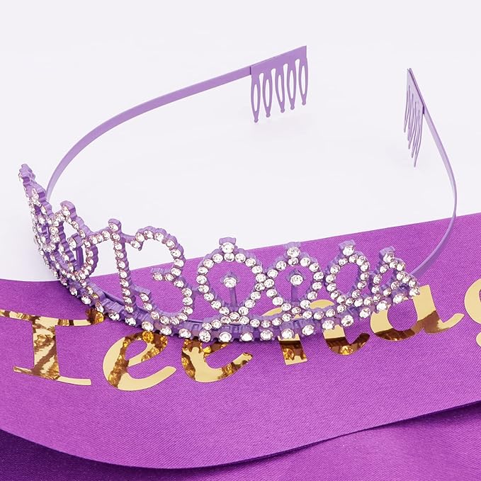 CIEHER Purple 13th Birthday Crown & Sash Set, Tiara, Decorations, Teen Girl Gifts