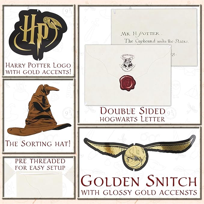 Harry Potter Gifts Garland Decorations Set of 4 Party Banners 4.9 Ft Golden Snitch Letters Sorting Hat Wall Decor Birthday Party Supplies Room Decor (Multi Banners, 40 Pieces)