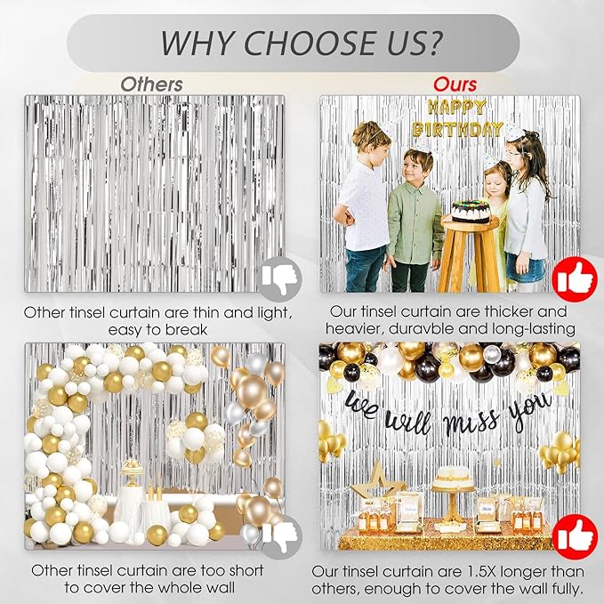 3 Pack 3.3 x 9.9 ft Silver Foil Fringe Backdrop Curtain, Streamer Backdrop Curtains, Streamers Birthday Party Decorations, Tinsel Curtain for Parties, Galentines Decor, Preppy, Photo Booth