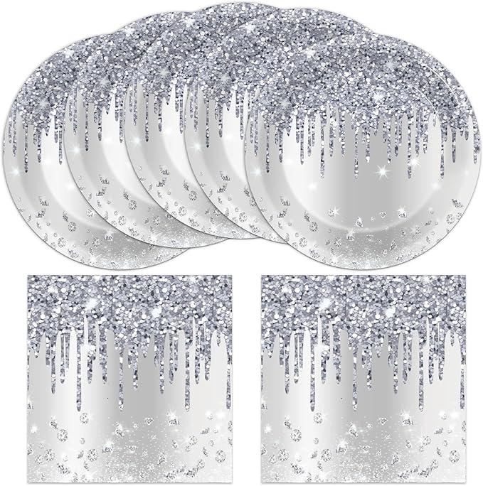 50 Pcs Silver Glitter Disposable Party Plates and Napkins Glitter Diamonds Happy Birthday Party Supplies for 25 Guests Table Decorations for Wedding Silver Birthday Decorations Paper Plates Napkins