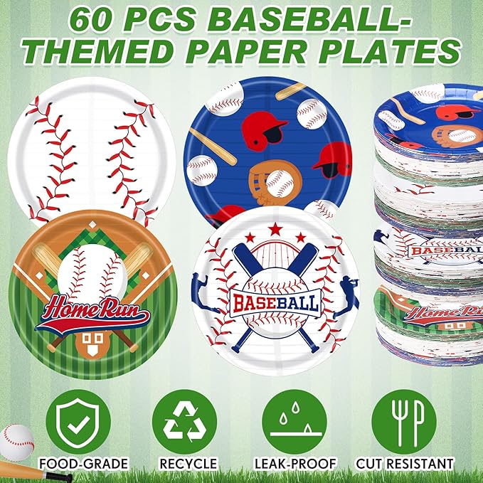60 Pcs Baseball Paper Plates Party Supplies 9 Inch Baseball Themed Birthday Party Decorations Disposable Plates for Kids Boys Adults Game Day Birthday Favors