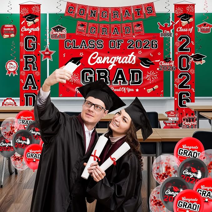 Graduation Decorations Class of 2026 Red and Black Party Decor Set include Congrats Grad Banner Graduation Backdrop Class of 2026 Balloons Party Supplies