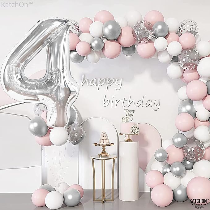 KatchOn, Big Silver Number 4 Balloons - 40 Inch | Silver 4 Balloon Number, 4 Year Old Birthday Decorations | Silver Number Balloons | 4 Number Balloons