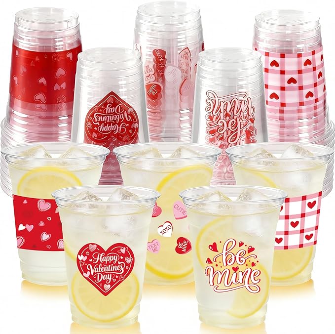 100Pcs Valentine's Day Party Decoration Cups, 12oz Pink Red Valentine's Day Heart Disposable Clear Plastic Cup for Valentines Day Birthday Wedding Drinkware Beverage Drinks Party Decor Supplies