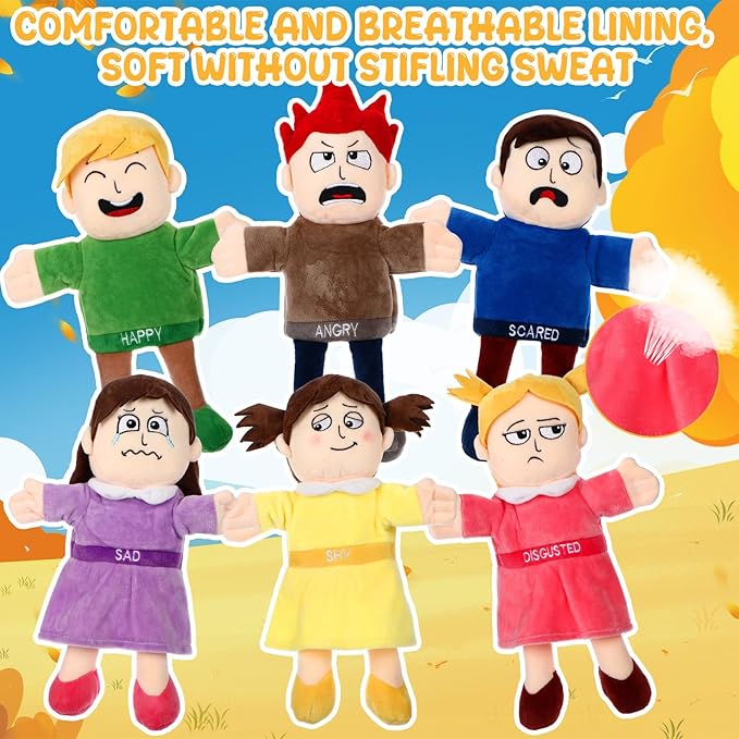 Lenwen 6 Pcs Feelings Hand Puppets for Kids, Emotions Toys, Soft Plush Sensory Puppets with Movable Limbs, Core Emotions Set for Storytelling, Social Emotional Learning Activities