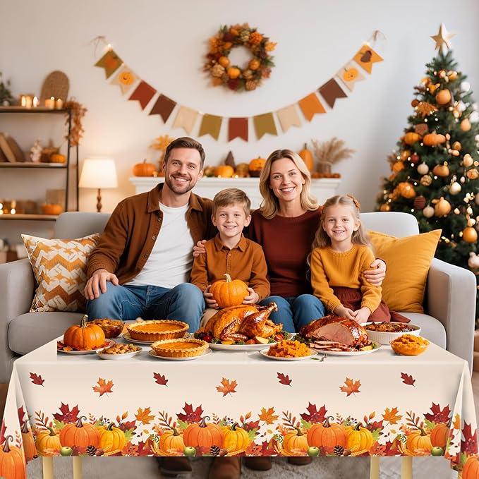 Thanksgiving Tablecloth, 3PCs Fall Tablecloths 54” x 108” Plastic Disposable Tablecloth Autumn Maple Leaf Party table Cover for Friendsgiving Fall Party Table Decorations Thanksgiving Table Decor